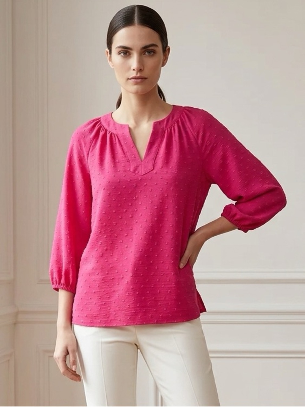 Jones New York Women's Fuchsia Textured Split-Neck Blouse